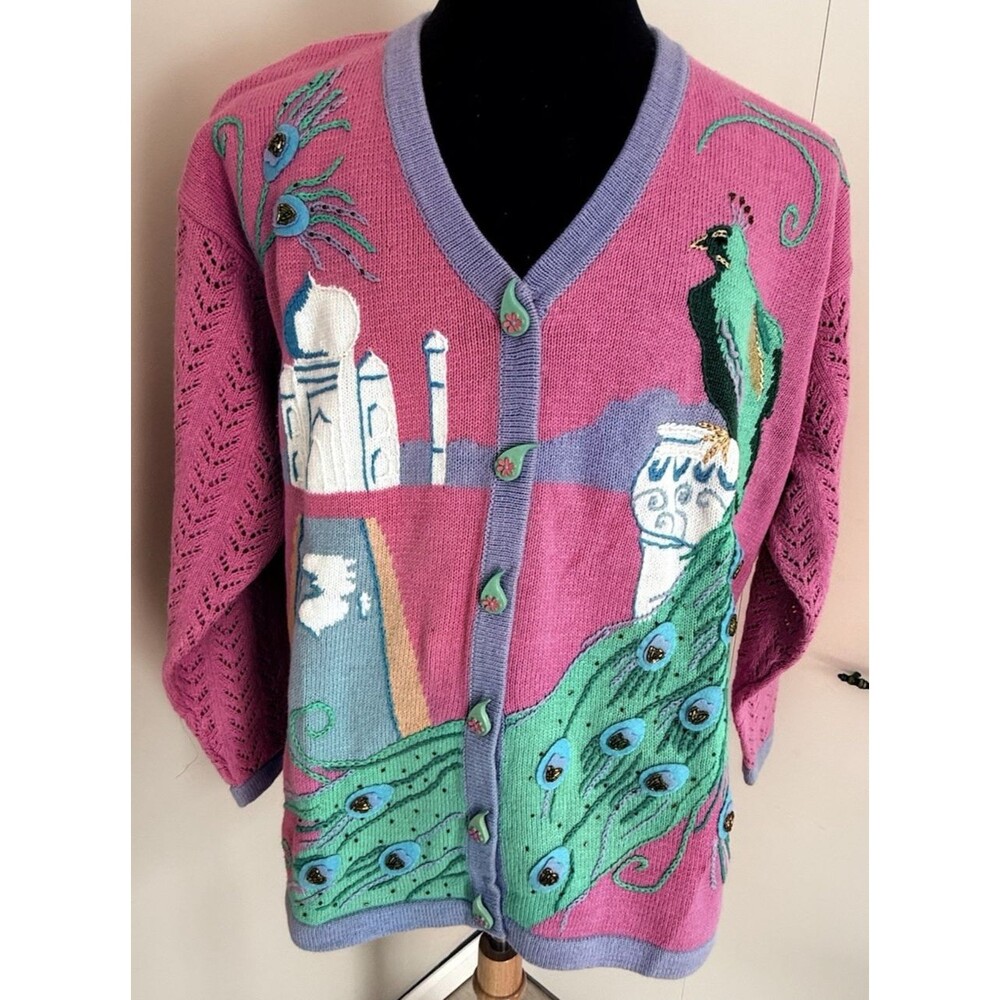 Storybook Knits Sweater Womens 3X Taj Mahal Peacock Beaded Embellished Cardigan
